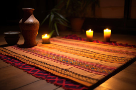 a lit kinara on a woven mat with patterned border, created with generative aiの素材