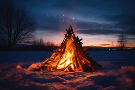 small bonfire glowing softly against dark winter sky, created with generative aiの素材