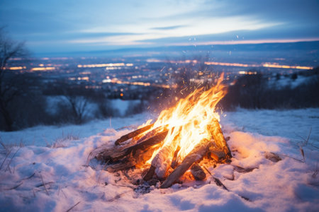 a bonfire burning brightly on a snowy hill, created with generative aiの素材