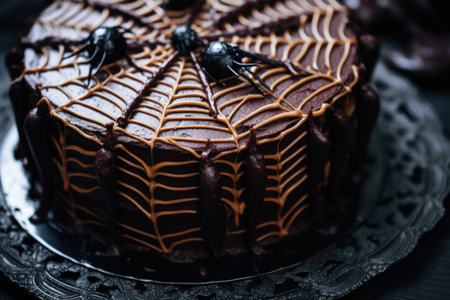 close-up of a homemade chocolate spider web cake, created with generative aiの素材