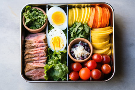 bento box styled lunch with portions of proteins and veggies, created with generative aiの素材