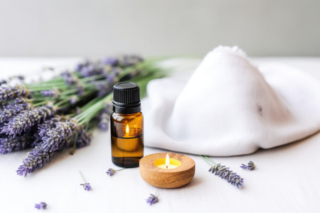 flat lay of essential oils, diffuser, and lavender, created with generative aiの素材