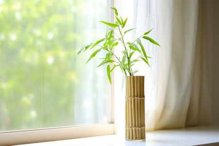 single stalk of bamboo in a glass vase on a window sill, created with generative aiの素材