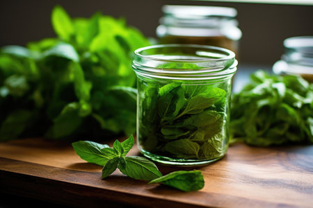 fresh mint leaves in a glass jar on kitchen countertop, created with generative aiの素材