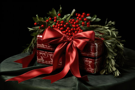 rectangle gift box adorned with bunch of mistletoe and velvet ribbon, created with generative aiの素材