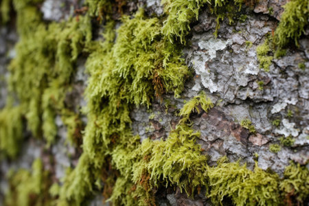 detail of moss and lichen on tree bark near trail, created with generative aiの素材