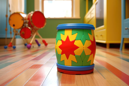 a brightly colored toy drum standing on a wooden parquet, created with generative aiの素材