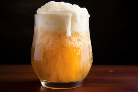close up of foamy beer in a clear glass mug, created with generative aiの素材
