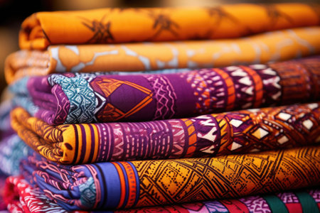 close-up of vibrant traditional african textiles, created with generative aiの素材