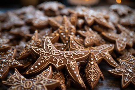detailed shot of reindeer-shaped gingerbread cookies, created with generative aiの素材