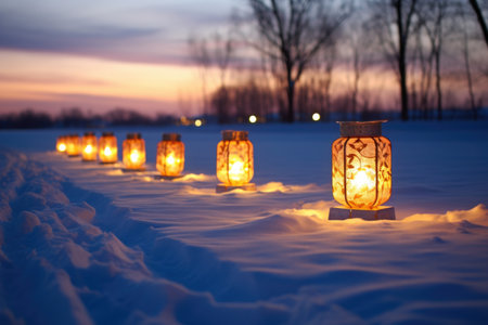 luminous lanterns on a snowy landscape, created with generative aiの素材