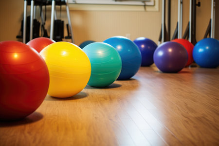 exercise balls of different sizes lined up on the floor, created with generative aiの素材