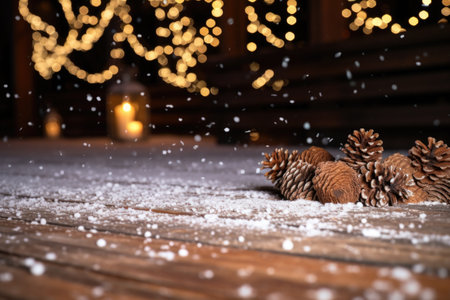 piled white snow around a wooden dance floor with scattered pinecones, created with generative aiの素材
