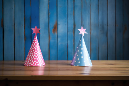 two party hats, one pink and one blue, on a wooden table, created with generative aiの素材