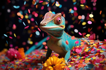 chameleon blending with bright confetti decorations, created with generative aiの素材
