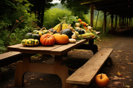 a picnic table adorned with freshly harvested squash, created with generative aiの素材