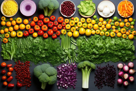 fresh vegetables arranged in a colorful pattern on a table, created with generative aiの素材