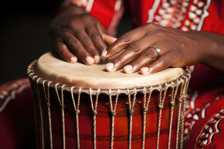 close-up of hands beating the african drum, created with generative aiの素材