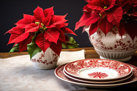 poinsettia plant set on a table with christmas dinnerware, created with generative aiの素材
