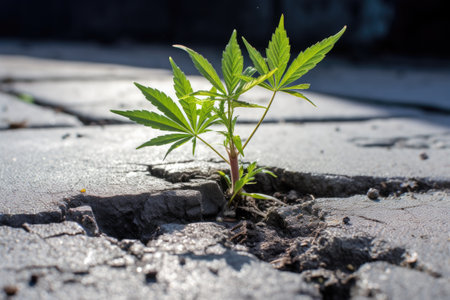 a plant breaking through concrete pavement, created with generative aiの素材