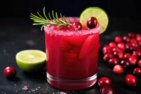 cranberry mocktail garnished with rosemary and lime slice, created with generative aiの素材