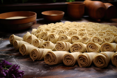 spreading crushed nuts topping on a tray of sweets, created with generative aiの素材