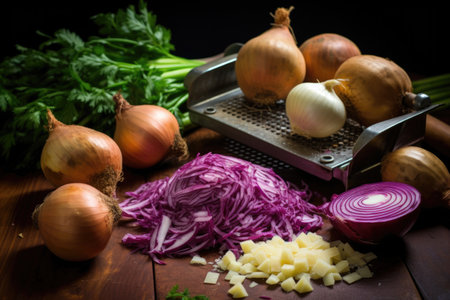 grating potatoes and onions using a manual grater, created with generative aiの素材