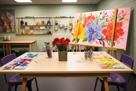 an art therapy room with brushes, colors, and an empty canvas, created with generative aiの素材