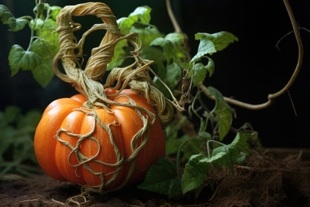 close-up shot of a pumpkin with twisting vine still attached, created with generative aiの素材