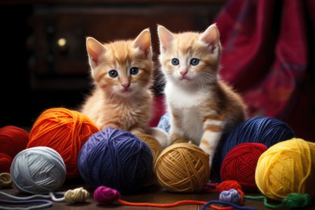 kittens playing with a ball of yarn, created with generative aiの素材