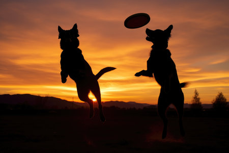 silhouette of two dogs playing with a frisbee at sunset, created with generative aiの素材