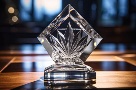 close-up of an engraved crystal award on a glass table, created with generative aiの素材
