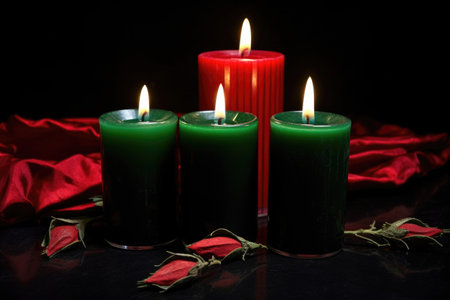 kinara illuminated in the dark with its red, green, and black candles, created with generative aiの素材