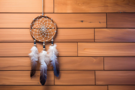 plain dreamcatcher hanging against a wooden wall, created with generative aiの素材