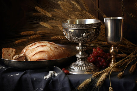 silver chalice and plate with bread on an altar, created with generative aiの素材