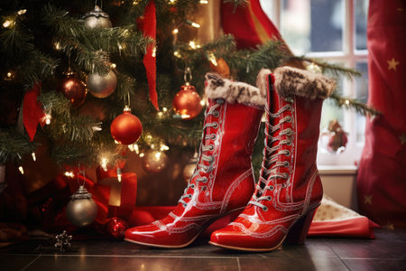 red santa boots by a decorated christmas tree, created with generative aiの素材