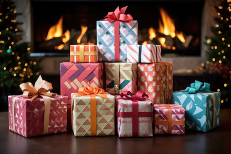 various shapes christmas boxes wrapped in holiday paper, created with generative aiの素材