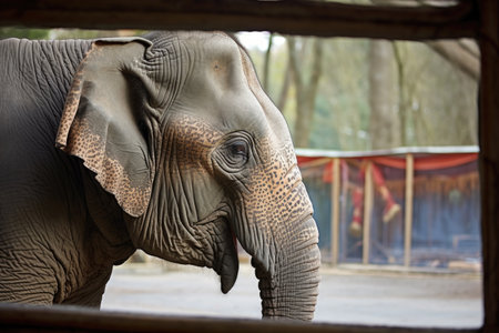 an elephant looking at its reflection in a zoo mirror, created with generative aiの素材