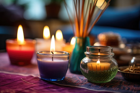 lit scented candles and calming incense sticks, created with generative aiの素材