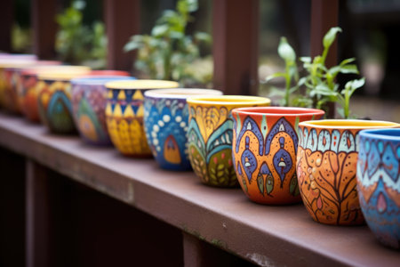 a row of hand-painted clay pots, created with generative aiの素材