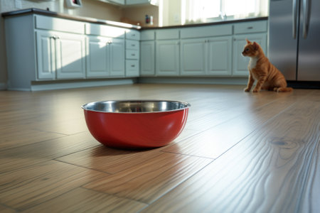 lonely pet bowl on a clean kitchen floor, created with generative aiの素材