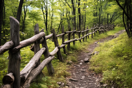 wooden fencing along wilderness hiking trail, created with generative aiの素材