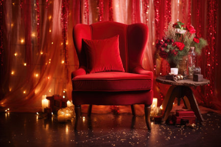 plush velvet red chair against twinkling fairy light backdrop, created with generative aiの素材