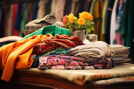a pile of vintage clothing on a table at a flea market, created with generative aiの素材