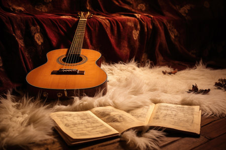 guitar and sheet music on a fur rug, created with generative aiの素材