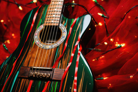 cropped image of a guitar with festive red and green strings, created with generative aiの素材
