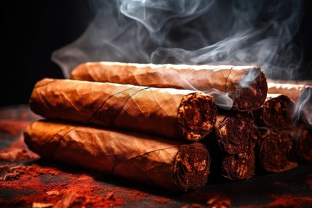 close-up of a cigars end with wisps of smoke, created with generative aiの素材