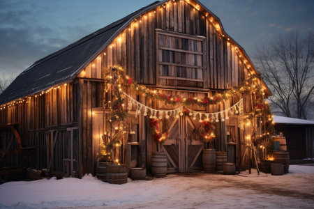 rustic barn adorned with multicolored twinkling lights in the snow, created with generative aiの素材