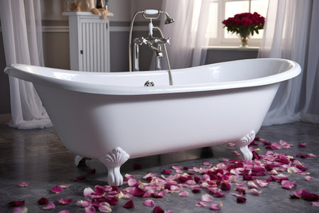 white bathtub filled with pink rose petals, on granite floor, created with generative aiの素材