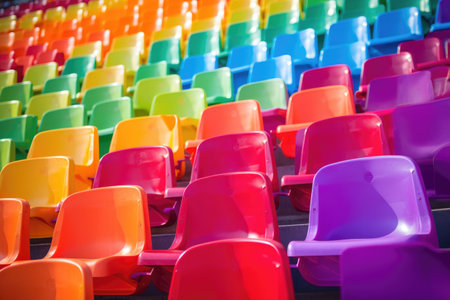 sports stadium seats brightly colored, in daylight, created with generative aiの素材